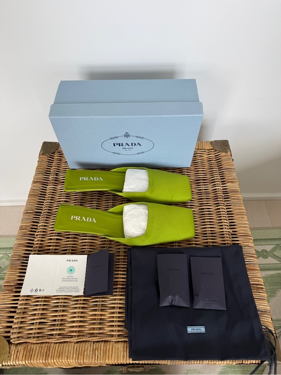 Prada Shoes - Prada Custom Made Satin Mules Triangle Heel Size 41.5 Green